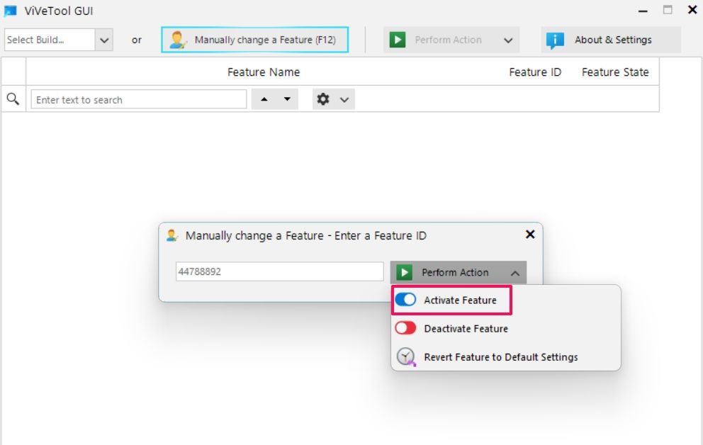 Опция «Activate Feature» в ViVeTool