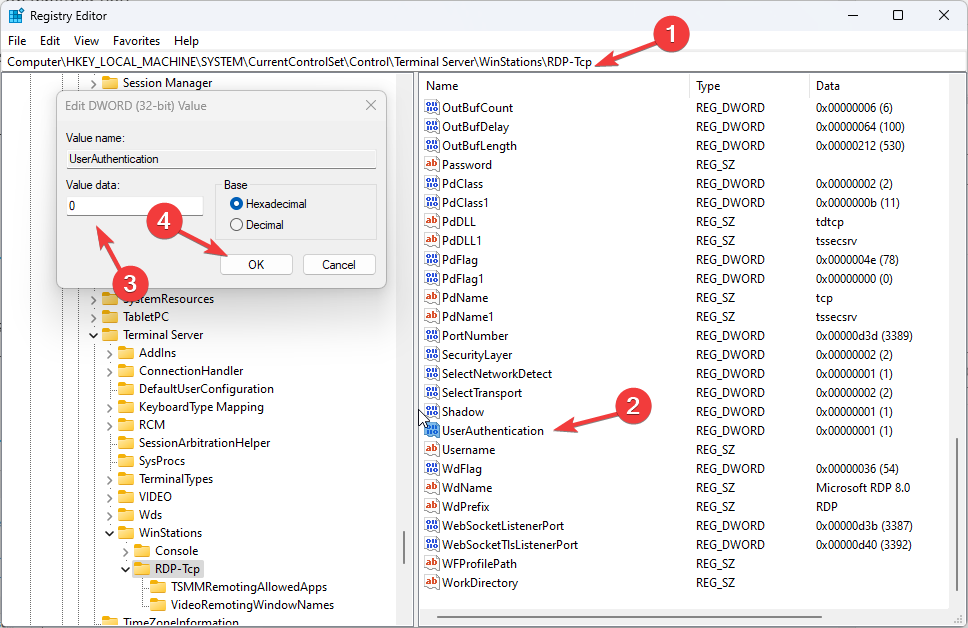 Параметр UserAuthentication в реестре для отключения NLA