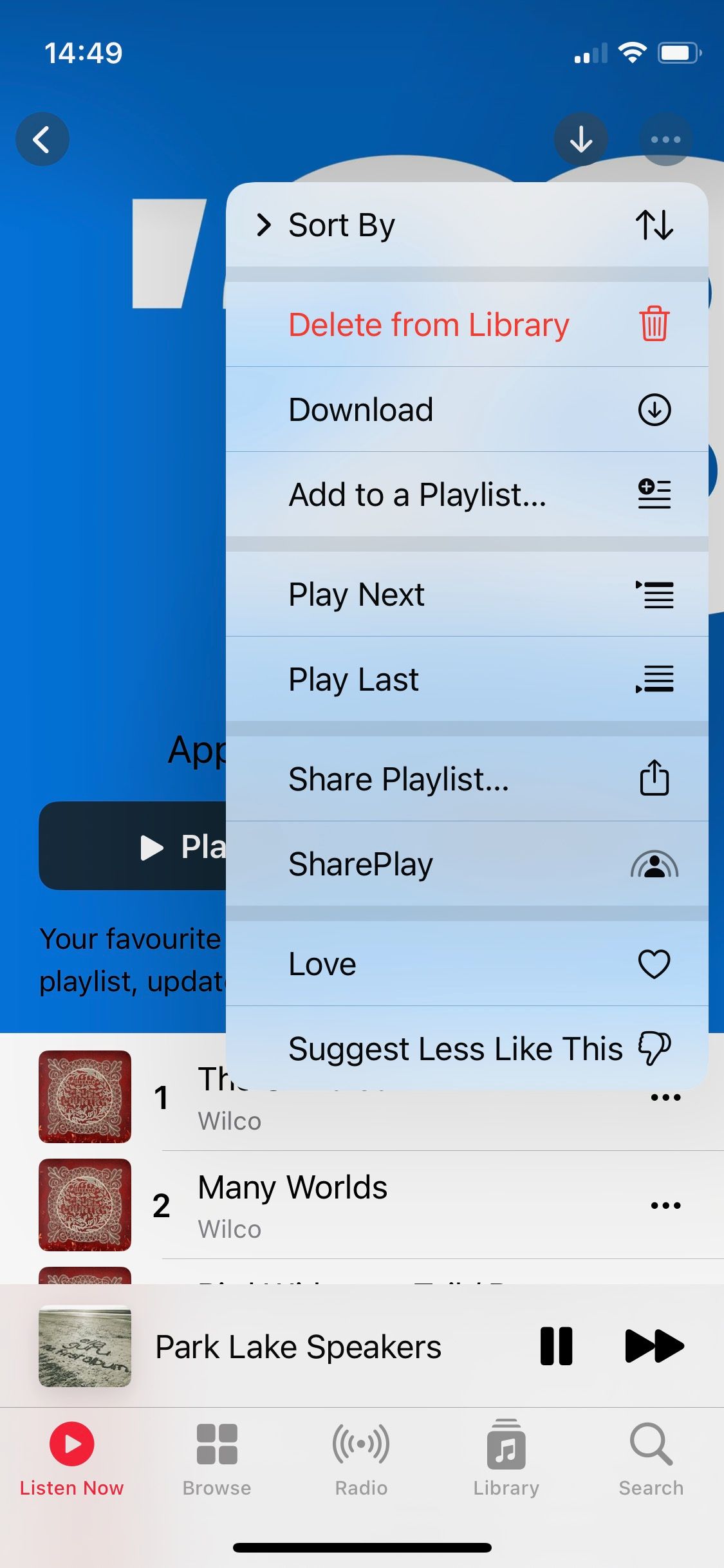 Скриншот меню «поделиться» и «добавить в плейлист» в Apple Music Replay 23