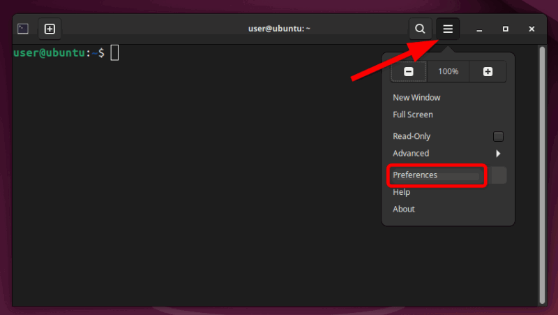 Opening the Preferences setting in the Gnome Terminal.