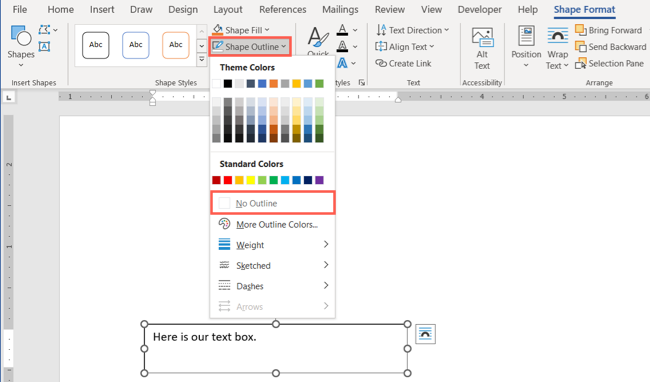 Выбор 'Нет контура' в меню 'Контур фигуры'