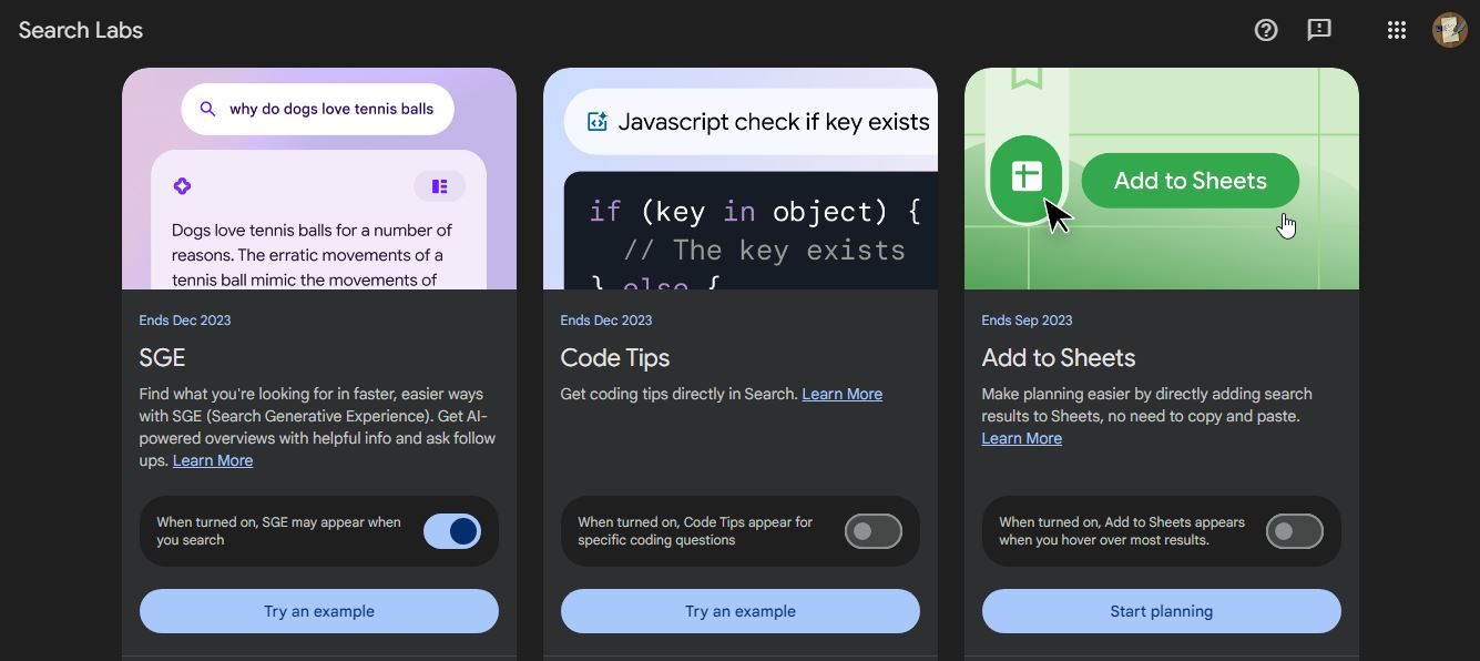Включение SGE в настройках Search labs