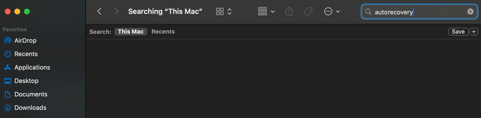 Поиск файлов AutoRecovery в Finder на macOS
