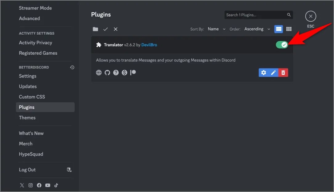 Переключатель включения плагина Translator в настройках BetterDiscord