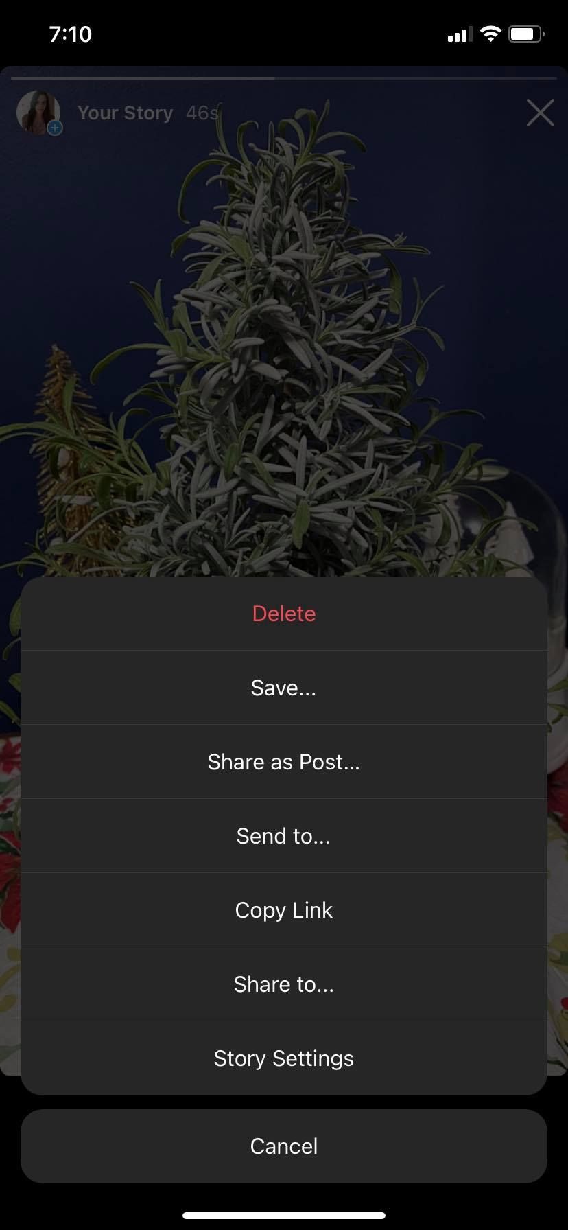 скриншот опций поделиться историей