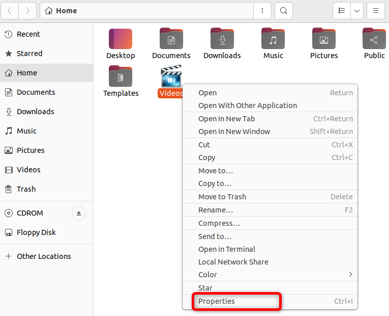 Контекстное меню Nautilus для папки видео перед восстановлением значка.