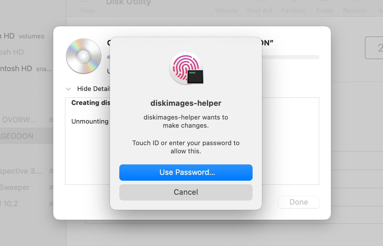 Запрос разрешений в Дисковой утилите