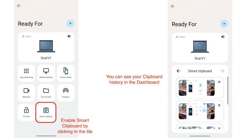 Изображение: Интерфейс Smart Clipboard в Ready For с историей буфера