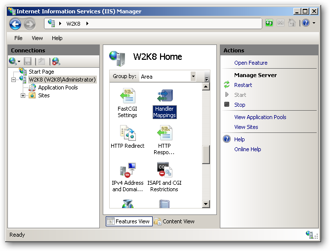 Окно «Сопоставления обработчиков» в IIS 7