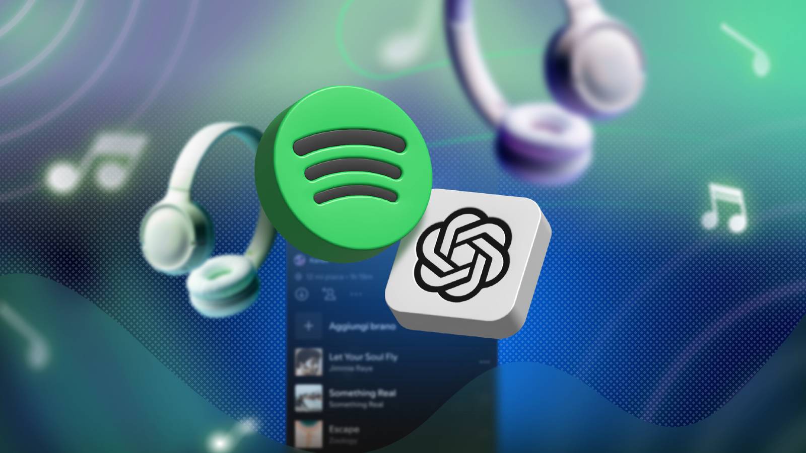 Логотипы Spotify и ChatGPT на фоне списка воспроизведения, демонстрирующие интеграцию сервисов.