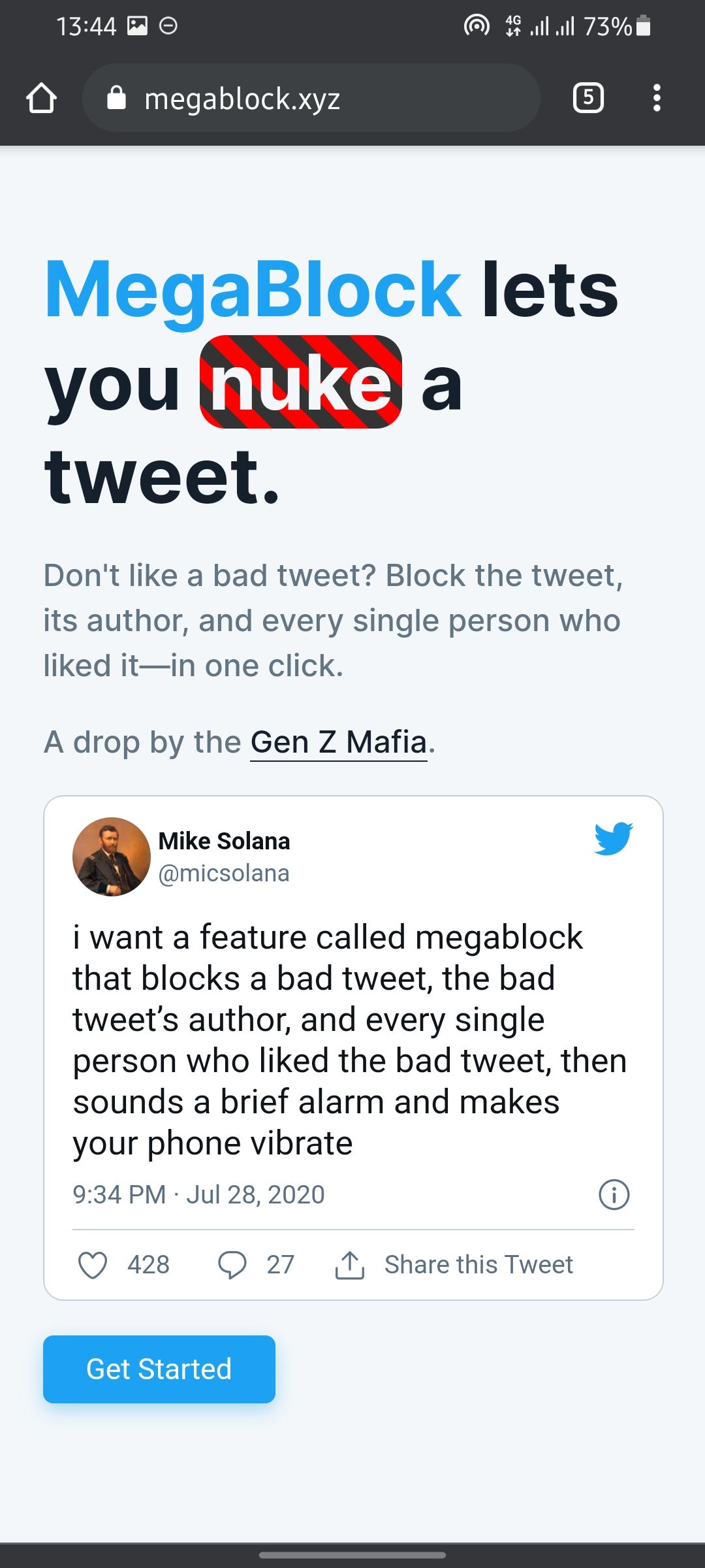 Главная страница Megablock с кнопкой Get Started