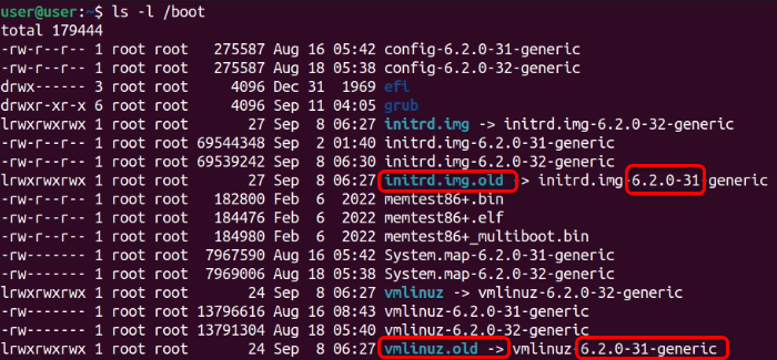 Список файлов в /boot в терминале
