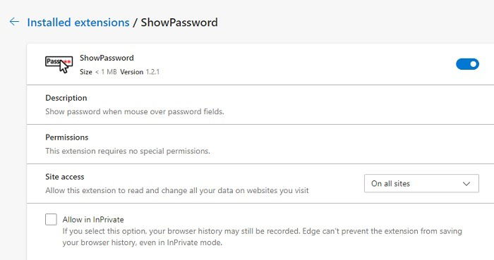 Скриншот: настройки расширения ShowPassword для управления эффектами