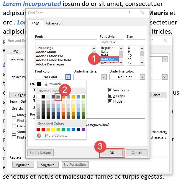 Выбор стиля шрифта 'Полужирный курсив' и синего цвета