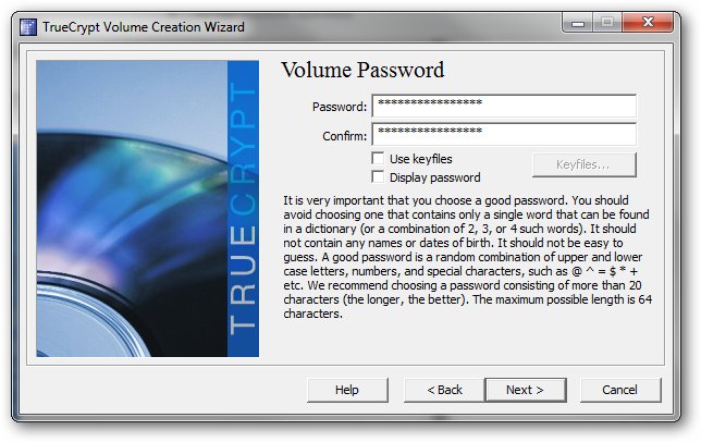 Окно для ввода пароля тома