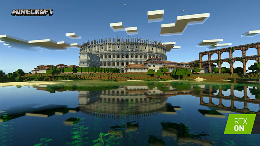 Vue rapprochée d'un monde Minecraft RTX avec ombres et reflets réalistes