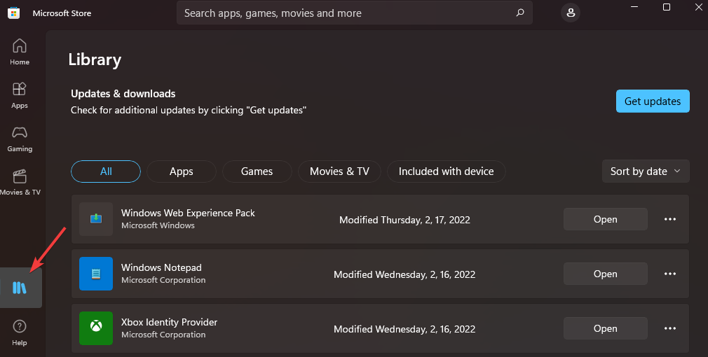 Вкладка Библиотека в Microsoft Store