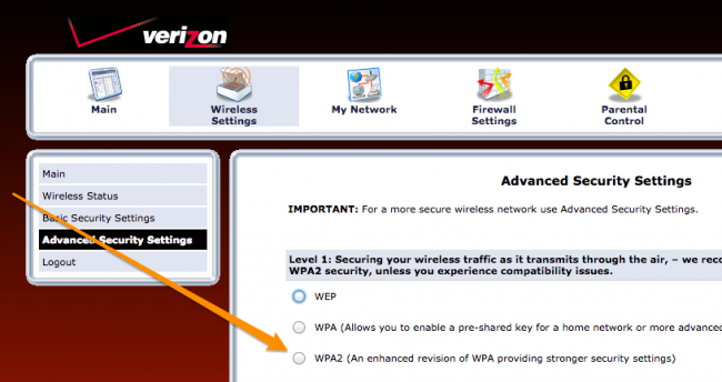 Выбор WPA2 в настройках безопасности маршрутизатора