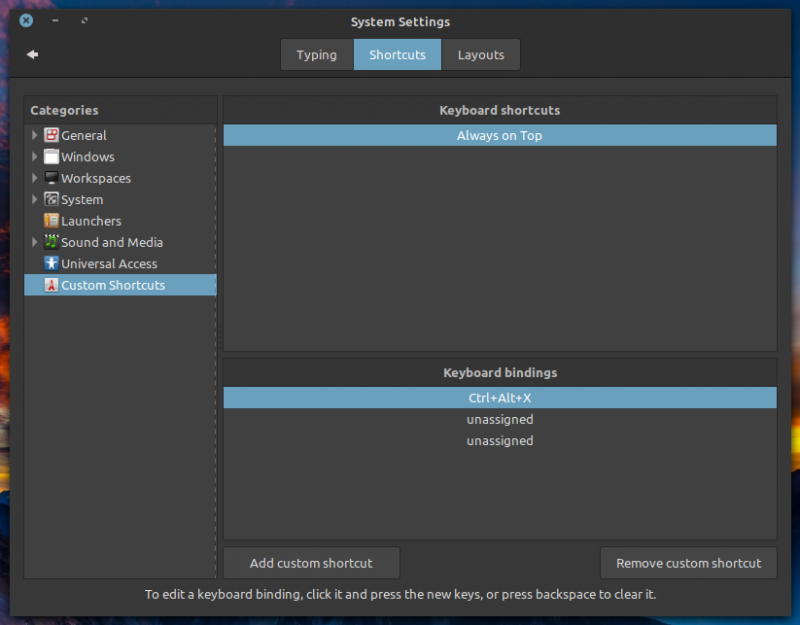 Назначение сочетания клавиш для пользовательского ярлыка