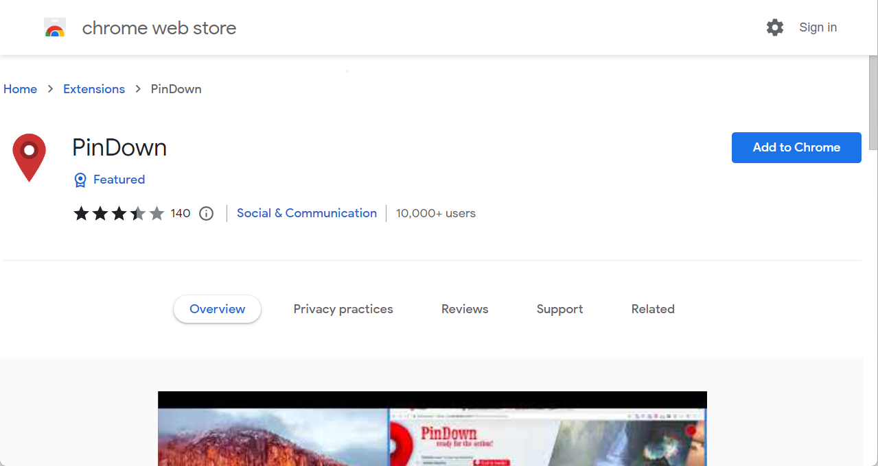 PinDown — страница расширения