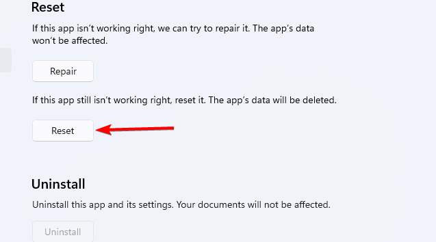 Кнопка сброса приложения в Параметрах