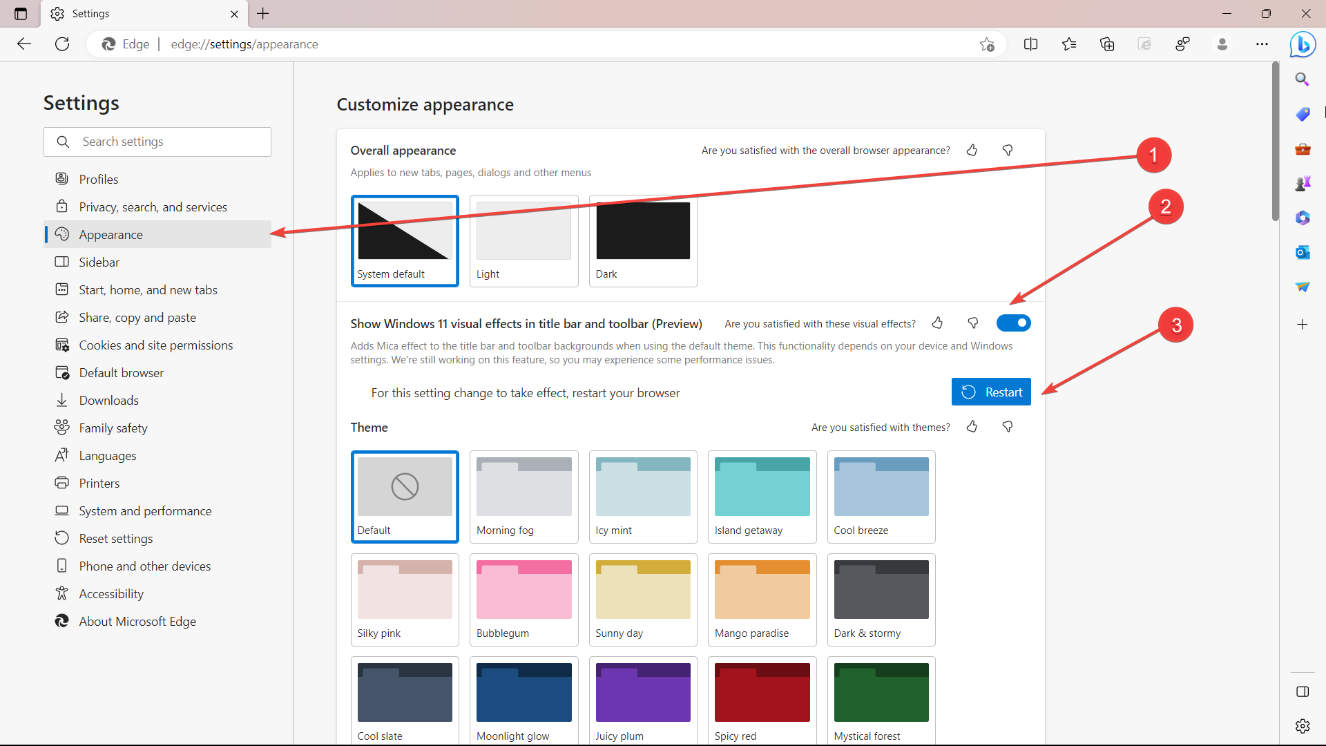 Настройка 'Добавить эффект Mica' в параметрах Edge