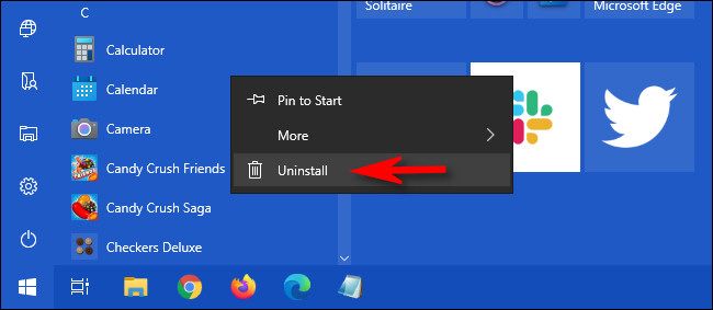 Меню Пуск: контекстное меню приложения с пунктом 