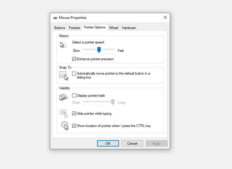 изменение параметров указателя в свойствах мыши Windows