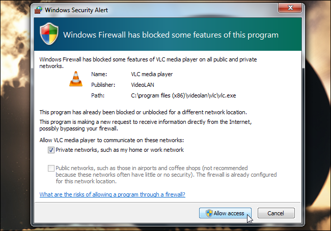 Уведомление: возможный запрос разрешения в брандмауэре