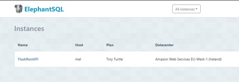 Инстанс в дашборде ElephantSQL после создания