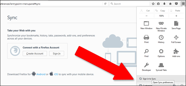 Окно входа в Firefox Sync: кнопка «Sign in to Sync» и опции синхронизации