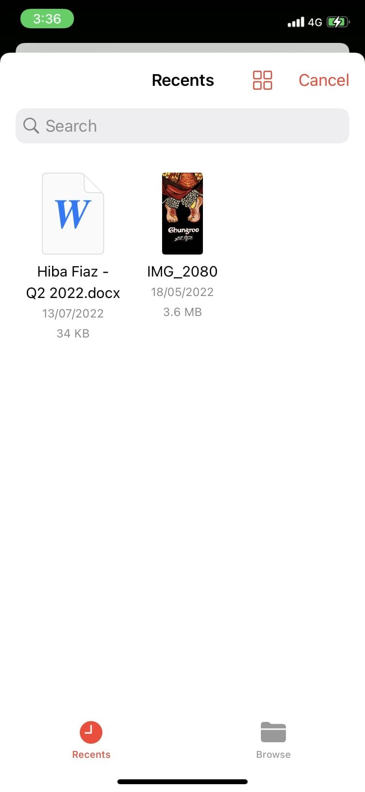 экран выбора вложений для события