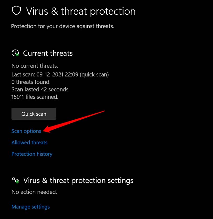 Opções de verificação do Windows Security