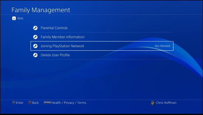 Параметры учётной записи: запрет подключения к PSN и удаление профиля