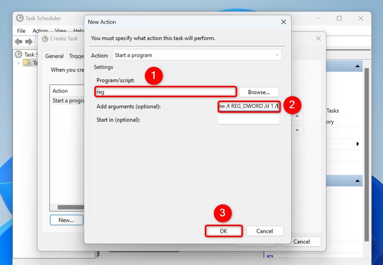 Выделены 'Program/Script', 'Add Arguments (Optional)' и 'OK' в окне Нового действия'