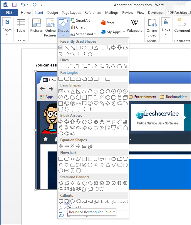 Выбор выноски из панели Фигуры в Word