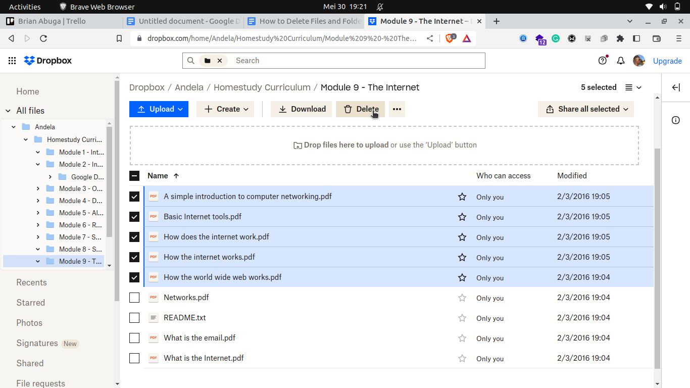 Выбор и удаление нескольких файлов в Dropbox