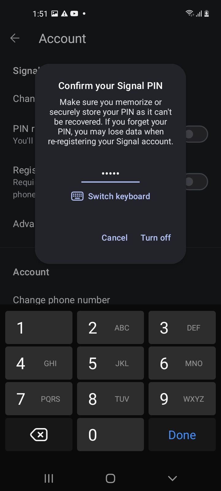 Подтверждение PIN в Signal