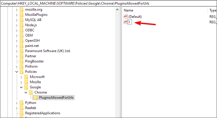 Добавление строкового значения '1' в PluginsAllowedForUrls