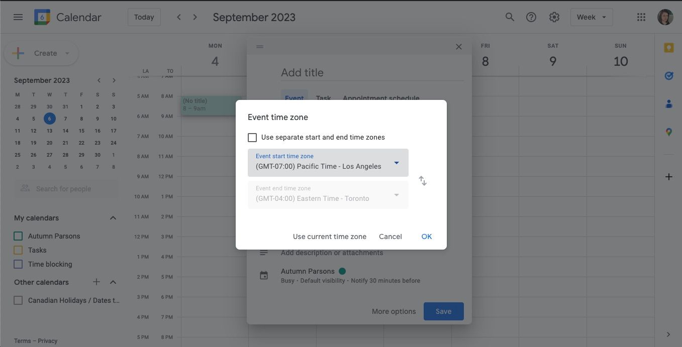 Меню события Google Календаря с выбором временной зоны