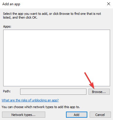 Окно выбора файла для добавления исключения в Брандмауэр