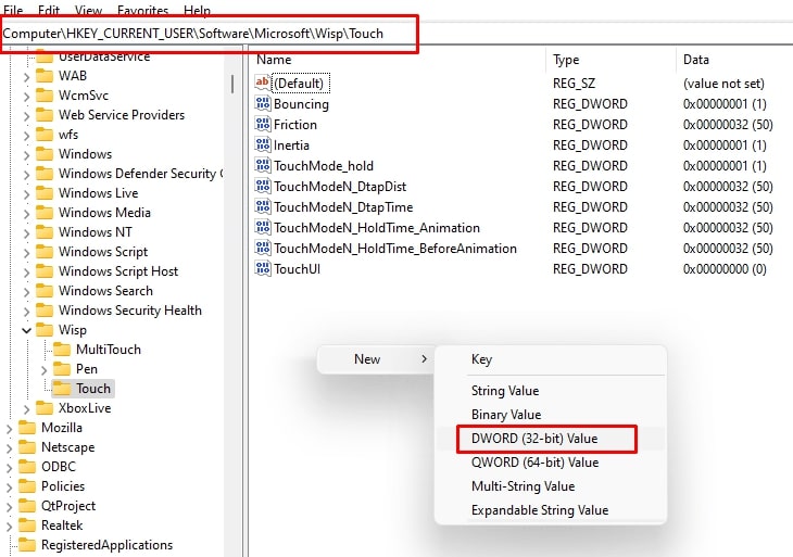 Редактор реестра, раздел Touch