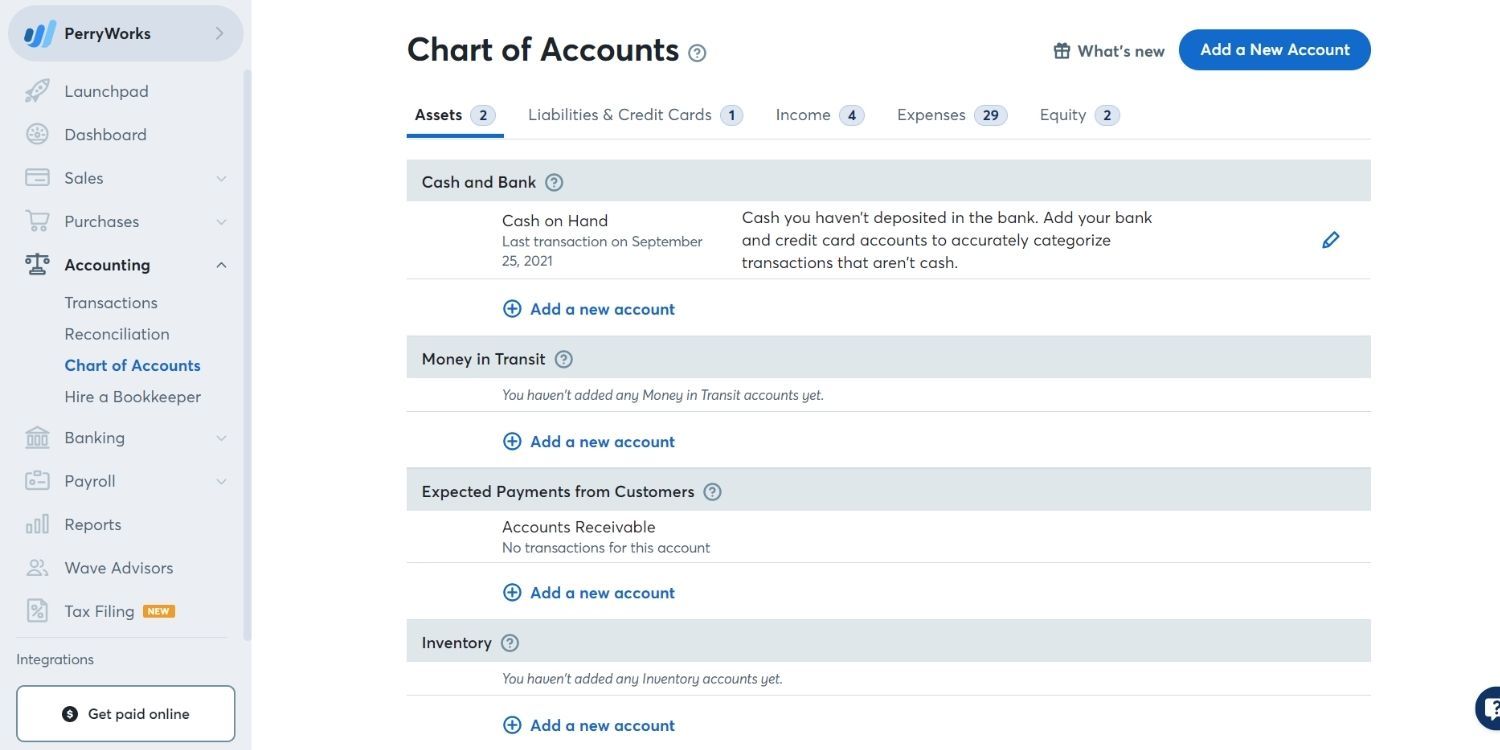 Waves Accounting chart of accounts