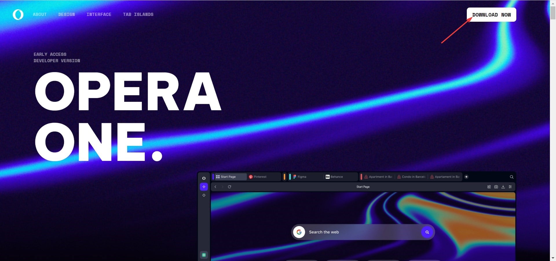 Страница загрузки Opera One на сайте