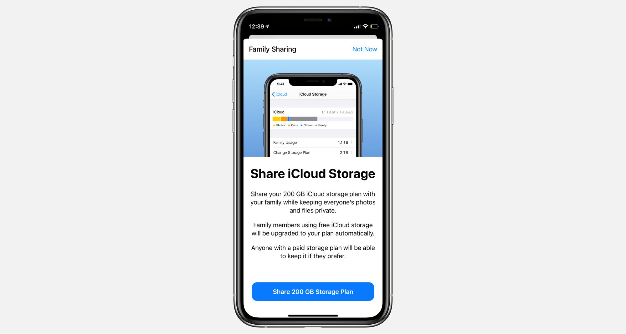 Share iCloud Storage page from Family Sharing settings on iPhone