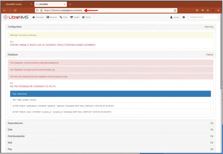 Валидация установки LibreNMS