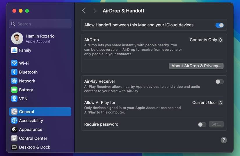 Настройки AirDrop и Handoff в macOS