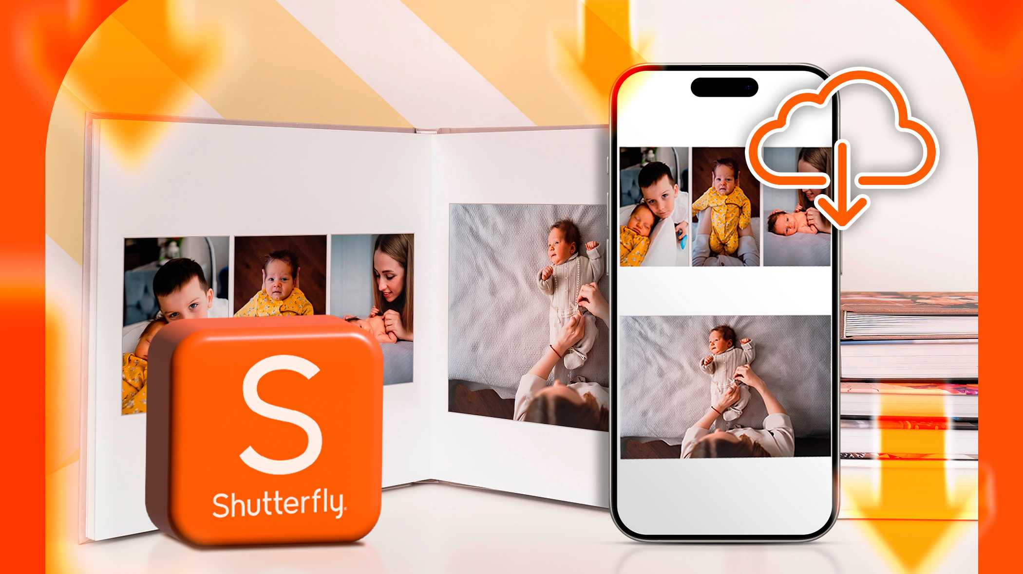 Фотоальбом, фотографии скачиваются на телефон, на обложке виден логотип Shutterfly