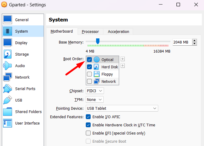 Установка оптического привода и выбор VDI в настройках VM
