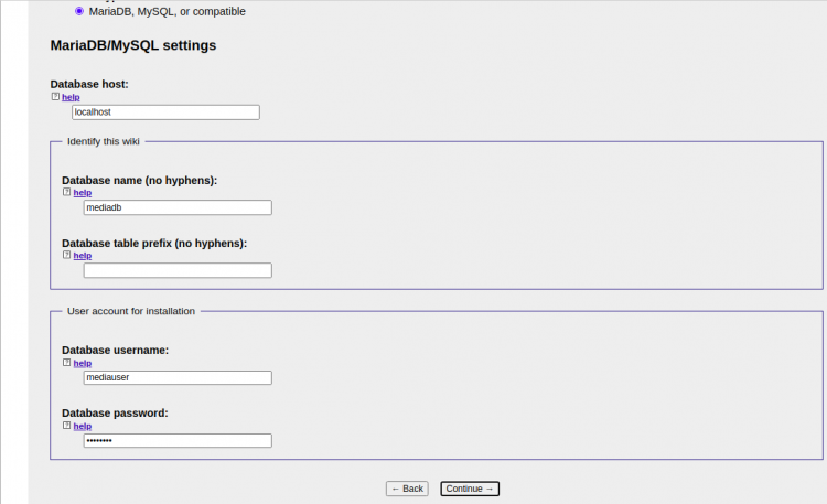Страница с настройками MySQL для MediaWiki